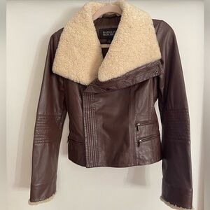 Badgley Mischka Shearling-trimmed Brown Leather Moto Jacket XS